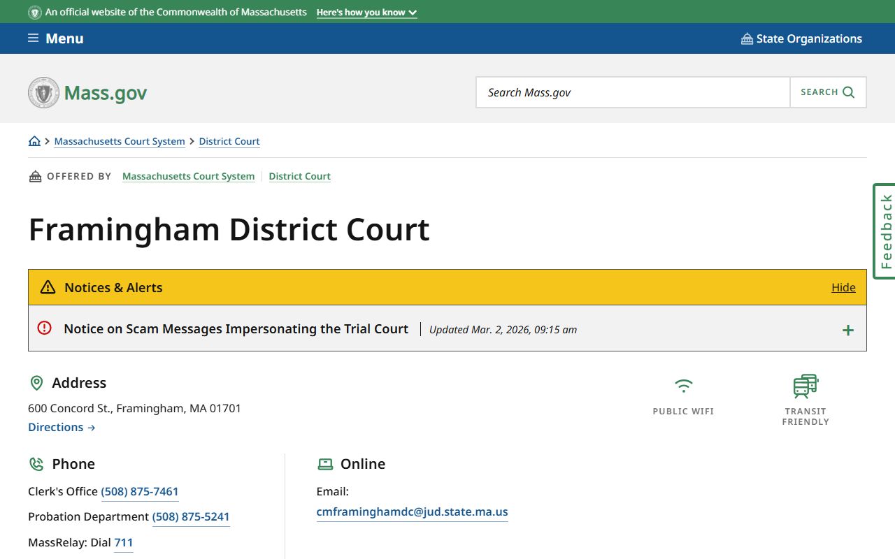 Framingham District Court page for Framingham criminal court records