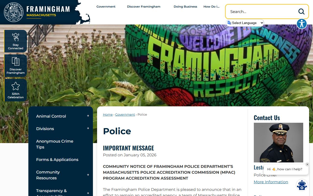 Framingham Police Department website related to Framingham criminal court records