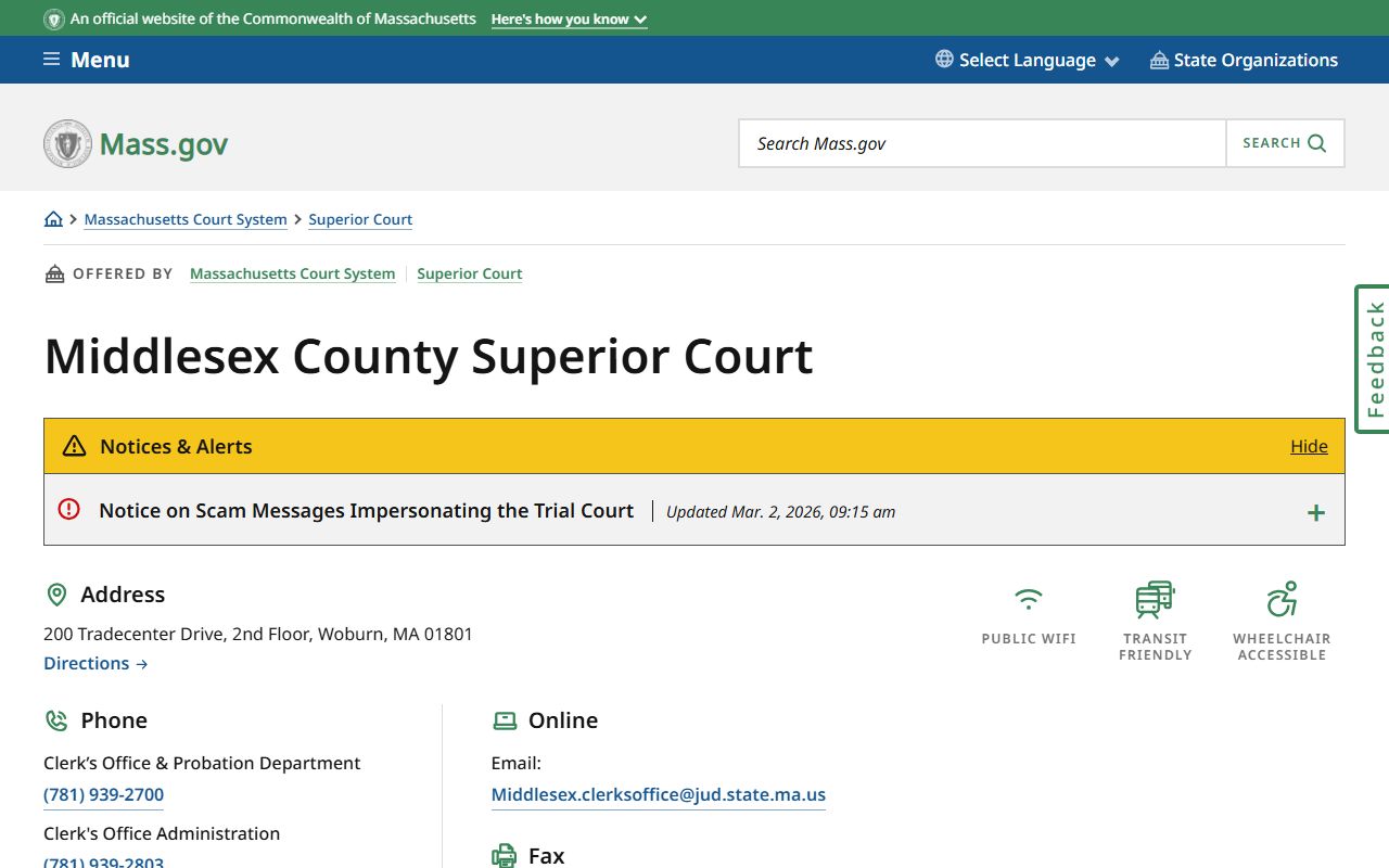 Middlesex Superior Court page for Framingham criminal court records