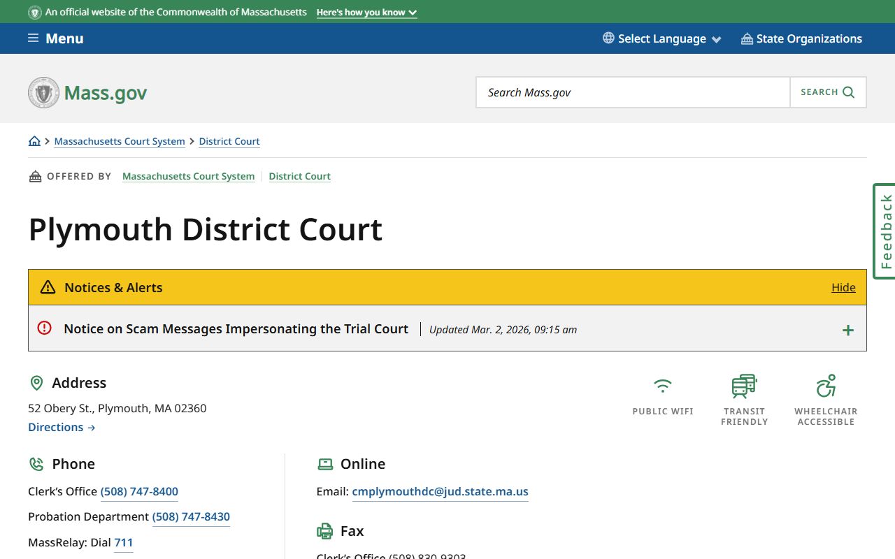 Plymouth District Court page for Plymouth criminal court records