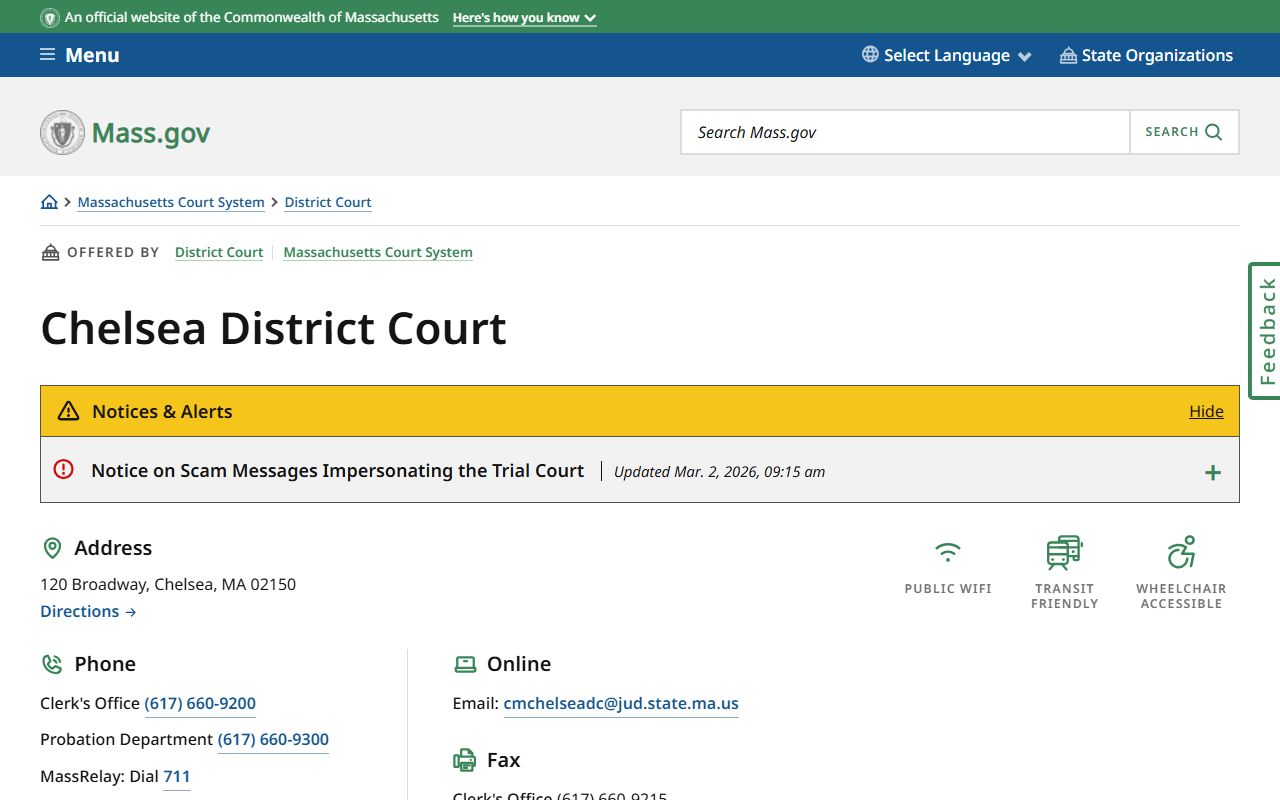 Chelsea District Court page serving Revere criminal court records