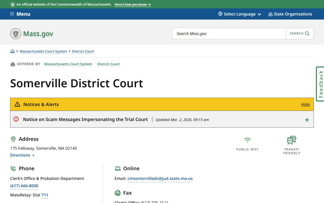 Somerville District Court page for Somerville criminal court records
