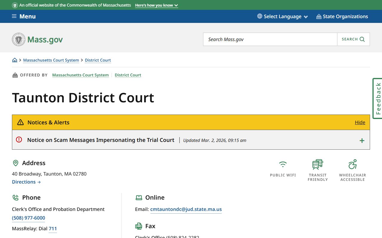 Taunton District Court page for Taunton criminal court records