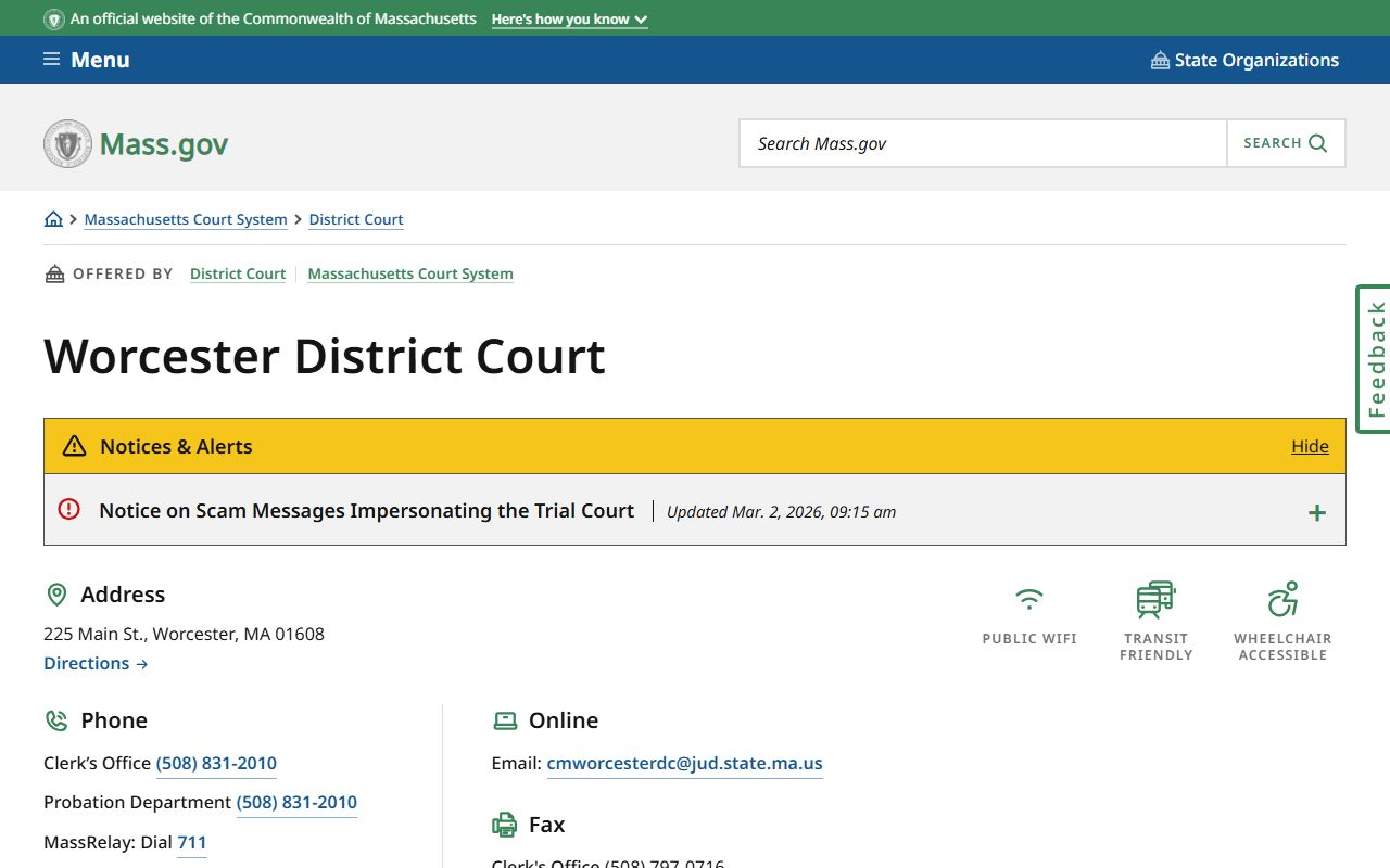 Worcester District Court page for Worcester criminal court records