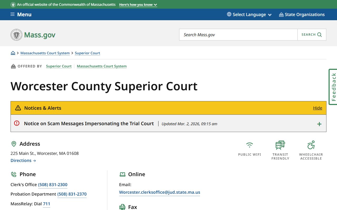 Worcester Superior Court page for Worcester criminal court records