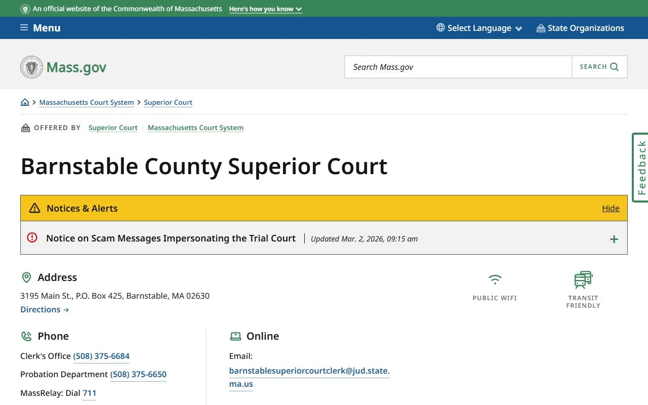 Barnstable Superior Court page for Barnstable County criminal court records