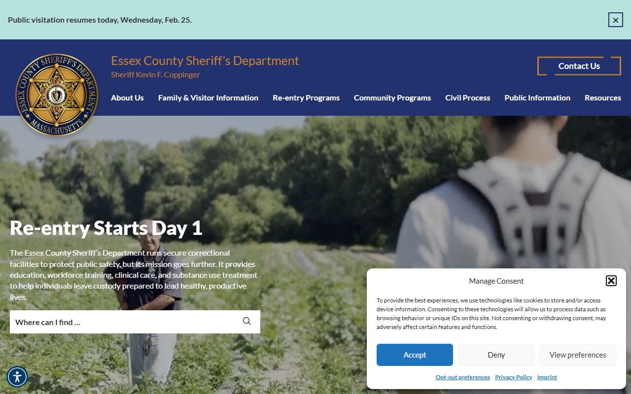 Essex County Sheriff website for criminal court records and inmate information