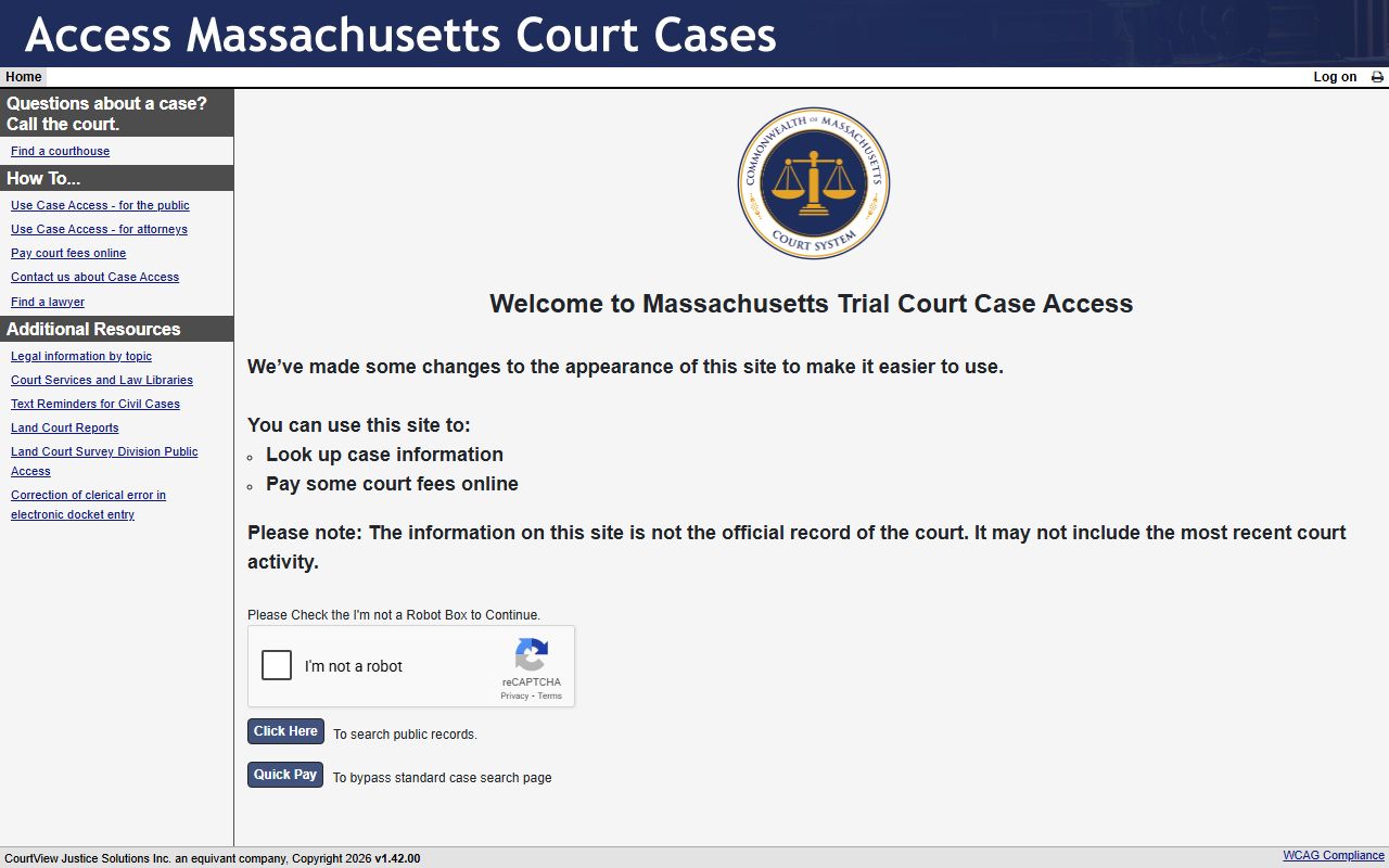 MassCourts portal for searching Middlesex County criminal court records