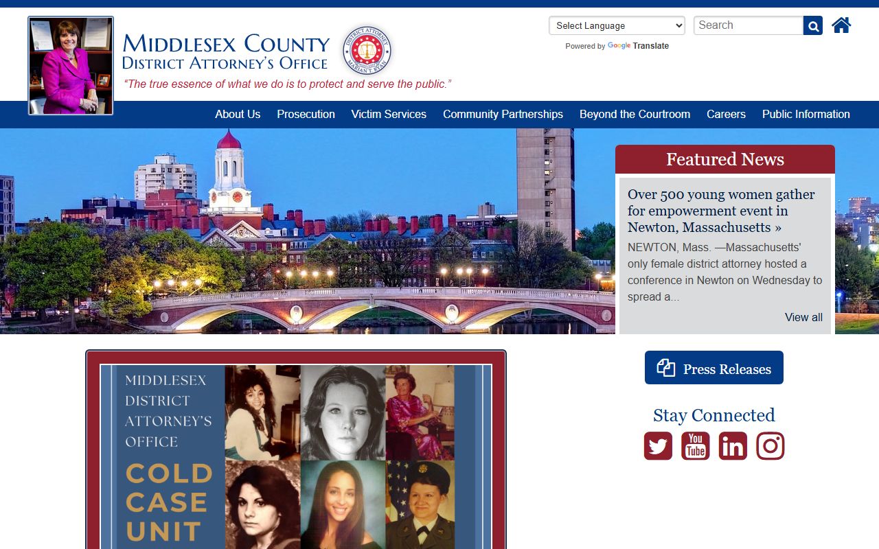 Middlesex County District Attorney website for criminal court records information