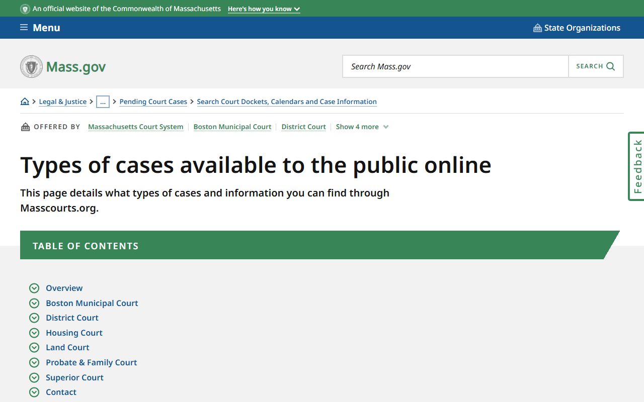 Massachusetts types of criminal court cases available to search online